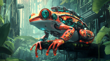 A brightly colored robotic frog in a futuristic rainforest, blending natural and mechanical elements with glowing patterns and cybernetic features. Mechanical Rainforests. Illustration