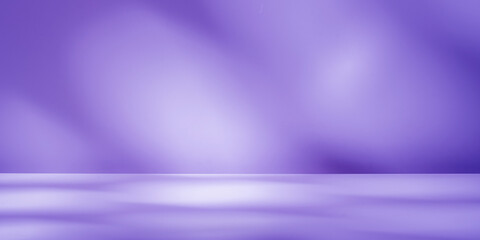 Empty table on pastel violet smooth wall. Background with leaf shadows, foliage on the wall. Mock up for presentation, branding products, cosmetics food or jewellery