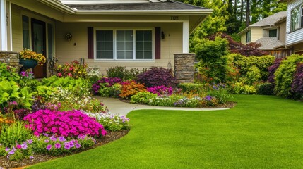 Lush landscaped front yard of a charming suburban home with vibrant flowers
