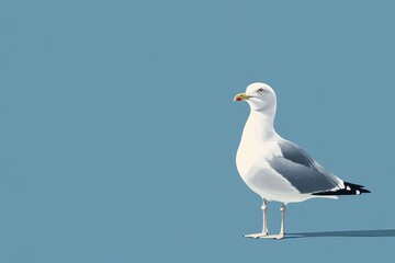 Obraz premium Single seagull stands gracefully against a simple blue background