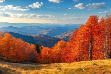 Fototapeta premium Autumn mountain forest panorama, sunset