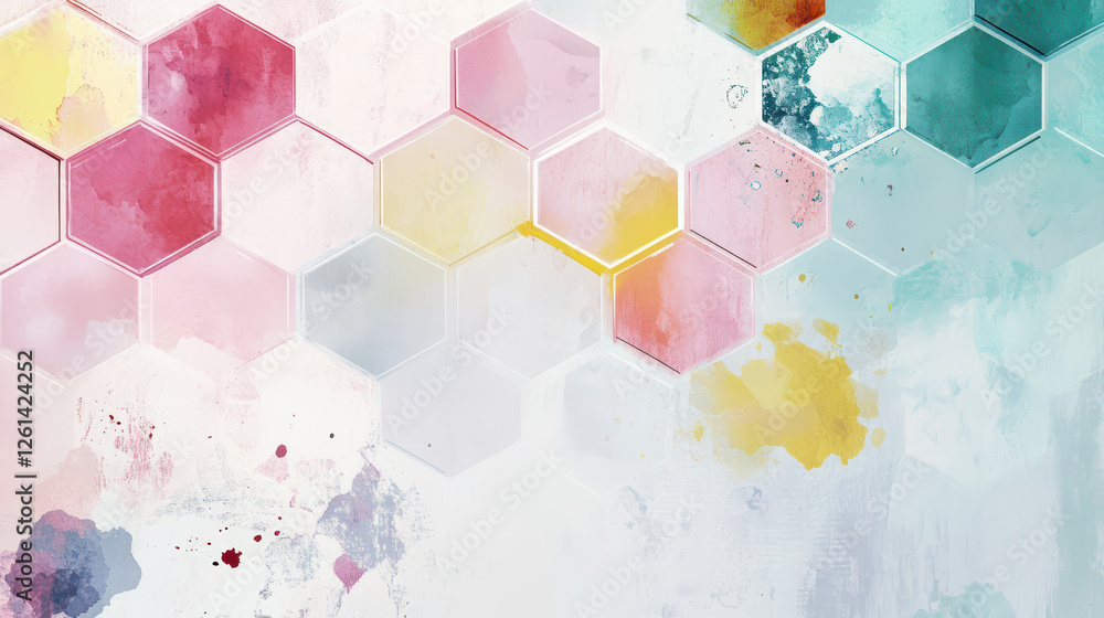 Poster artistic 3d rendering of hexagonal grid with watercolor splashes in pink, yellow, and blue tones, cr