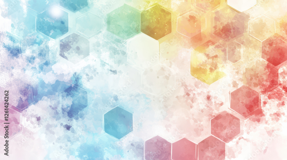 Poster artistic 3d rendering of hexagonal grid with watercolor effects, featuring vibrant colors like blue,