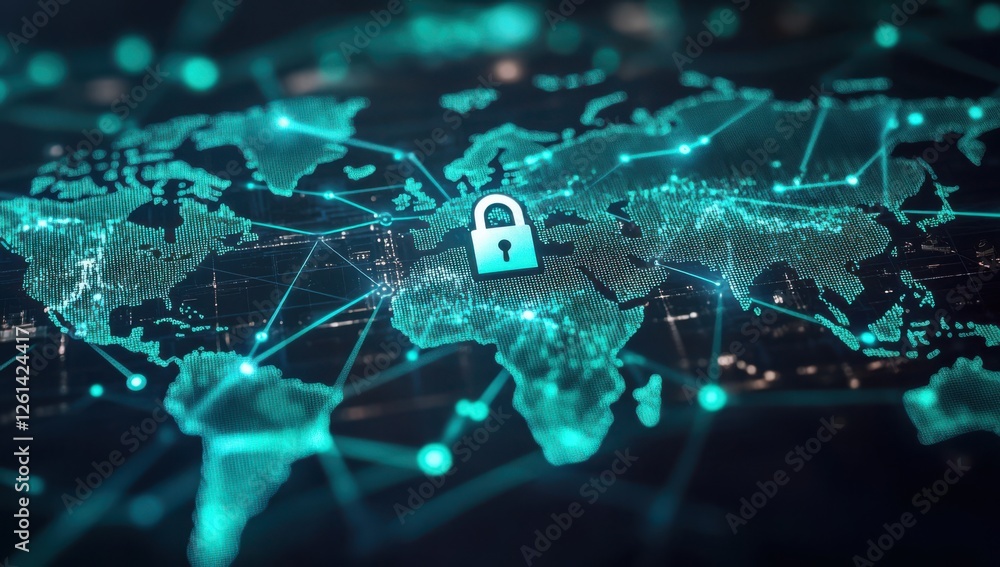 Poster secure global network concept with digital lock symbol representing cybersecurity and data protectio