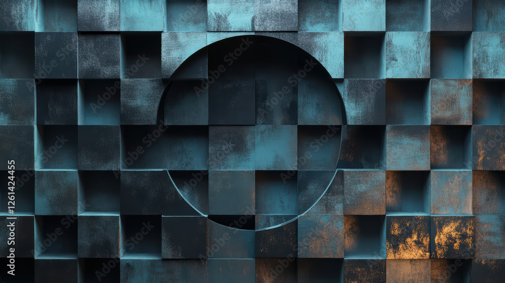 Poster artistic 3d rendering of square and circle grid with textured surfaces, showcasing modern design. in