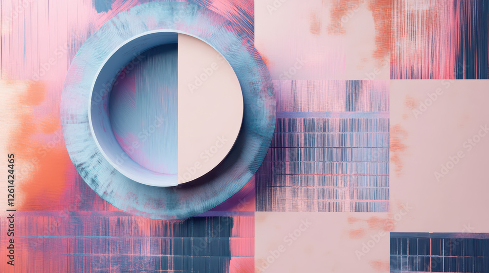 Poster artistic 3d rendering of circular plate on colorful abstract background, featuring soft pastel hues 