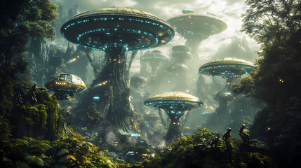 Aliens earth machines, mechanical extraterrestrial emissaries interacting with primitive human technology in vibrant alien rainforest. Mechanical Rainforests. Illustration