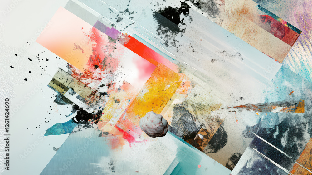 Aufkleber artistic collage featuring abstract shapes and vibrant colors, creating dynamic visual experience. c
