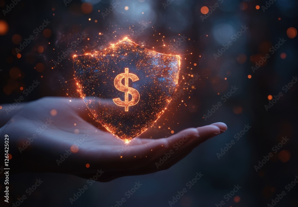 Poster sparkling shield of wealth with dollar symbol representing financial protection in a mystical hand c