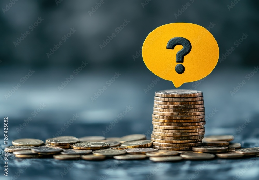 Poster stack of coins with a yellow speech bubble featuring a question mark symbolizing financial inquiries
