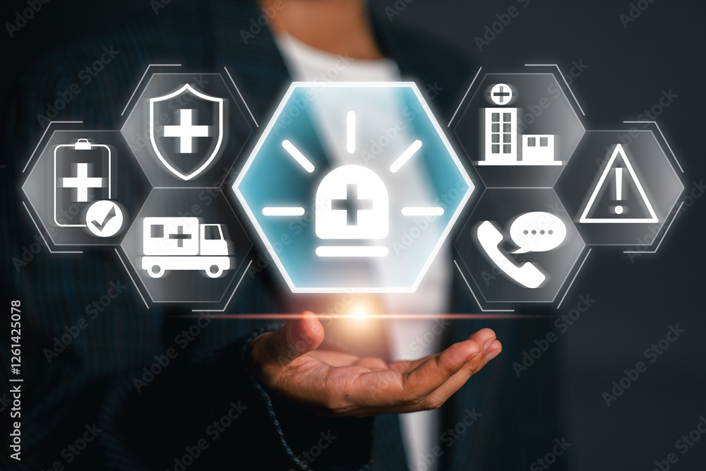 Poster innovative digital representation of emergency services with futuristic icons for healthcare and com