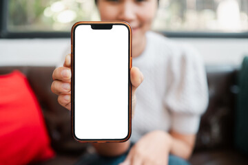 Person showing a smartphone with a blank screen, ideal for app design or advertising mockups.