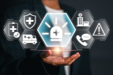 Innovative digital representation of emergency services with futuristic icons for healthcare and communication.