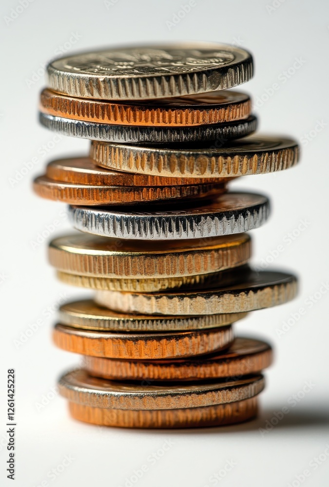 Aufkleber stack of various coins highlighting different textures and finishes against soft focus background in