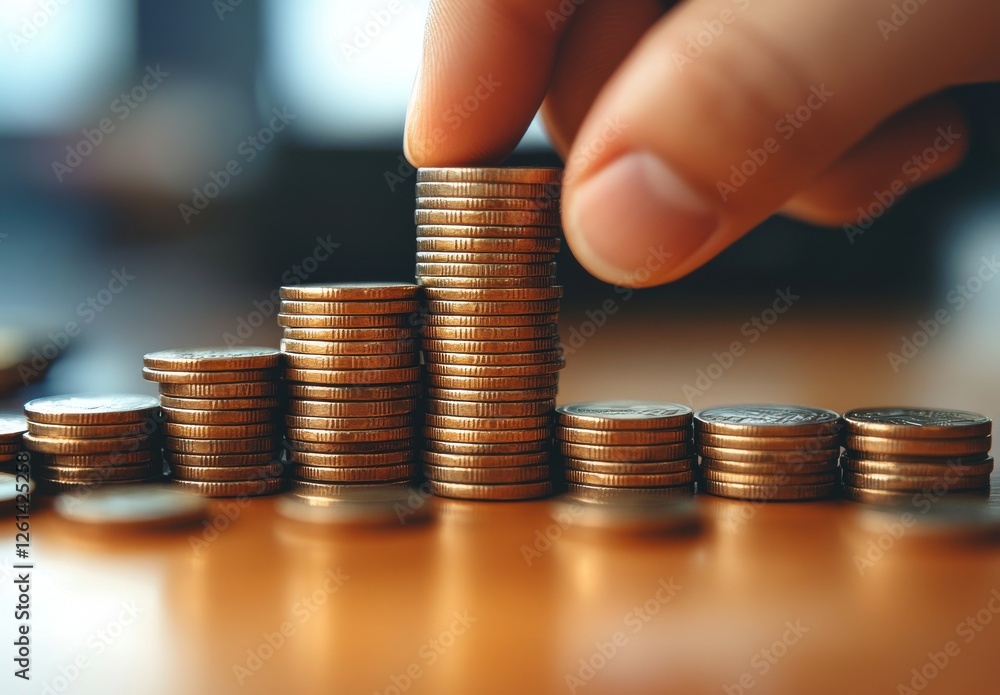 Poster stacked coins and hand in the process of sorting with business concept in the background for financi