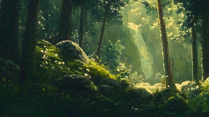 Sunlit Waterfall in Lush Forest, Mossy Rocks, Background Plants, Nature Scene for Game Design
