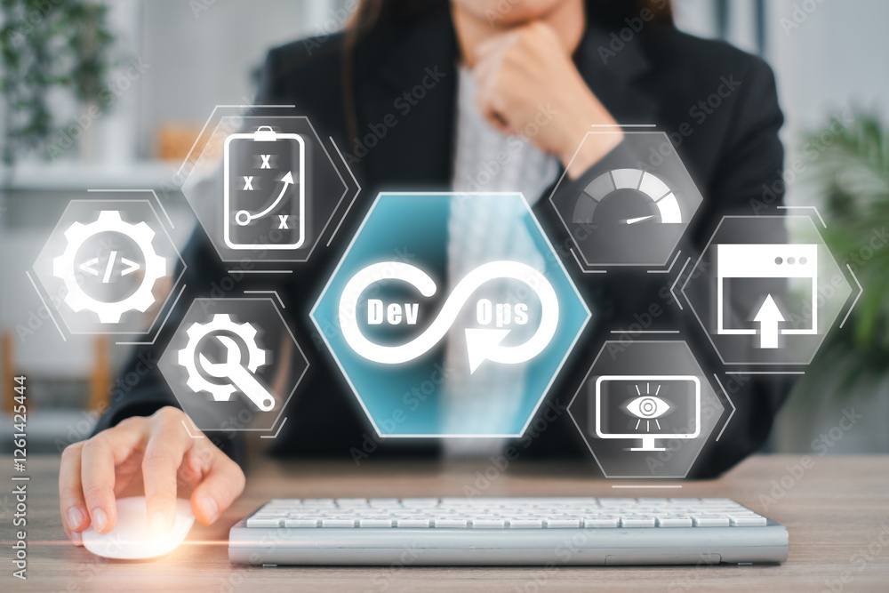 Poster visual representation of the devops concept featuring technology icons and infinity symbol, illustra