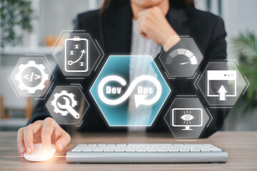 Visual representation of the DevOps concept featuring technology icons and infinity symbol,...