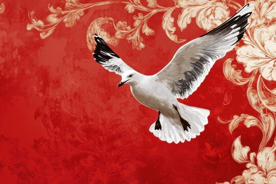A white seagull soars against an ornamental red background - Powered by Adobe