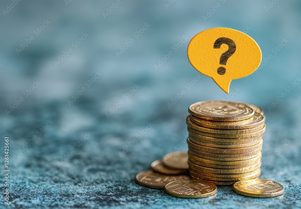 Poster stacked coins on a table with a yellow speech bubble featuring a question mark, symbolizing financia