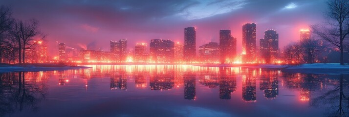 Obraz premium Pink city skyline reflected in frozen lake
