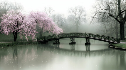 Misty Spring Park Bridge, Cherry Blossoms, Calm Pond, Foggy Background, Peaceful Scene