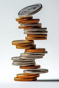 Stacked Coins in Vertical Arrangement with Gradual Tones of Gold and Silver Against a Light Background for Financial Concepts and Investments Representation
