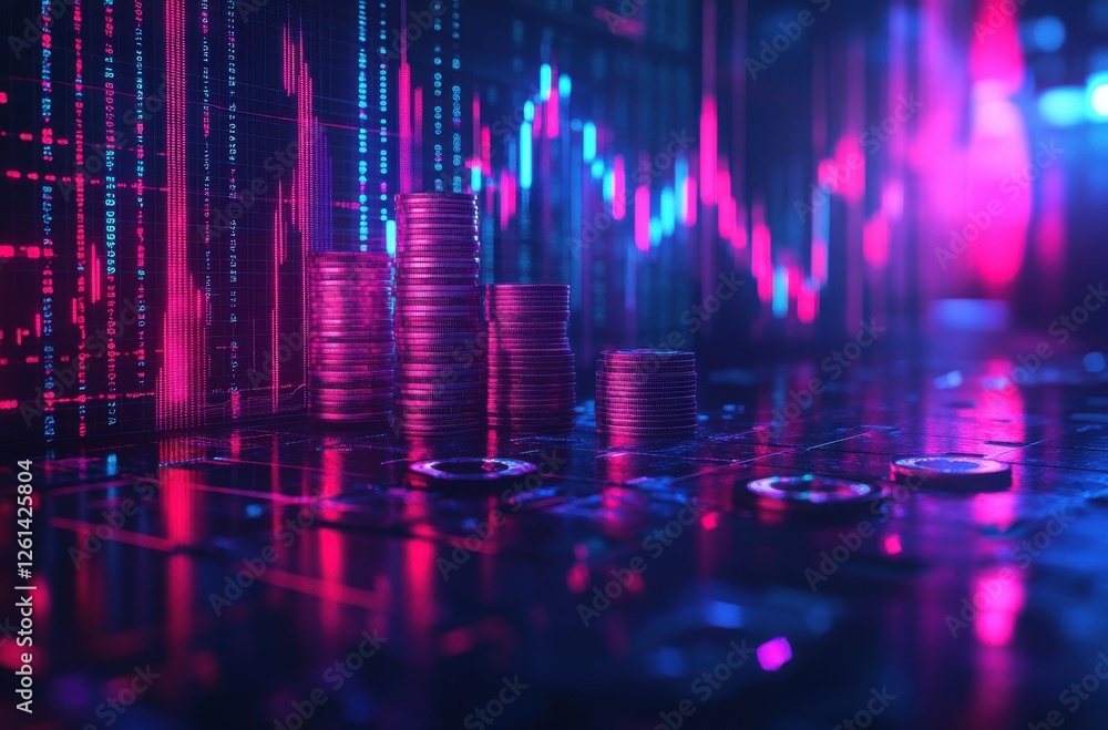 Poster stacked coins on digital background with colorful chart patterns representing financial trends and m