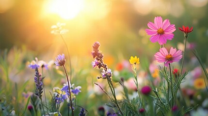 Obraz premium Spring Flower Meadow in Full Bloom, Vibrant and Colorful Illustration for Seasonal Campaigns