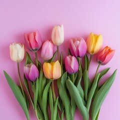 Obraz premium Spring Tulips Flat Lay for Women's Day Greeting or Spring Sale Banner