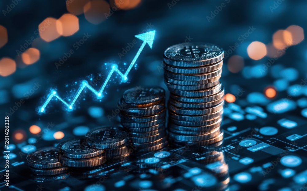 Poster stacked coins with digital graph representation signifying financial growth and investment in modern