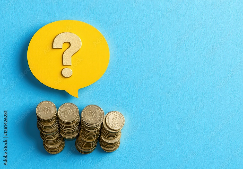 Poster stacked coins with question mark in speech bubble on blue background, symbolizing financial queries 