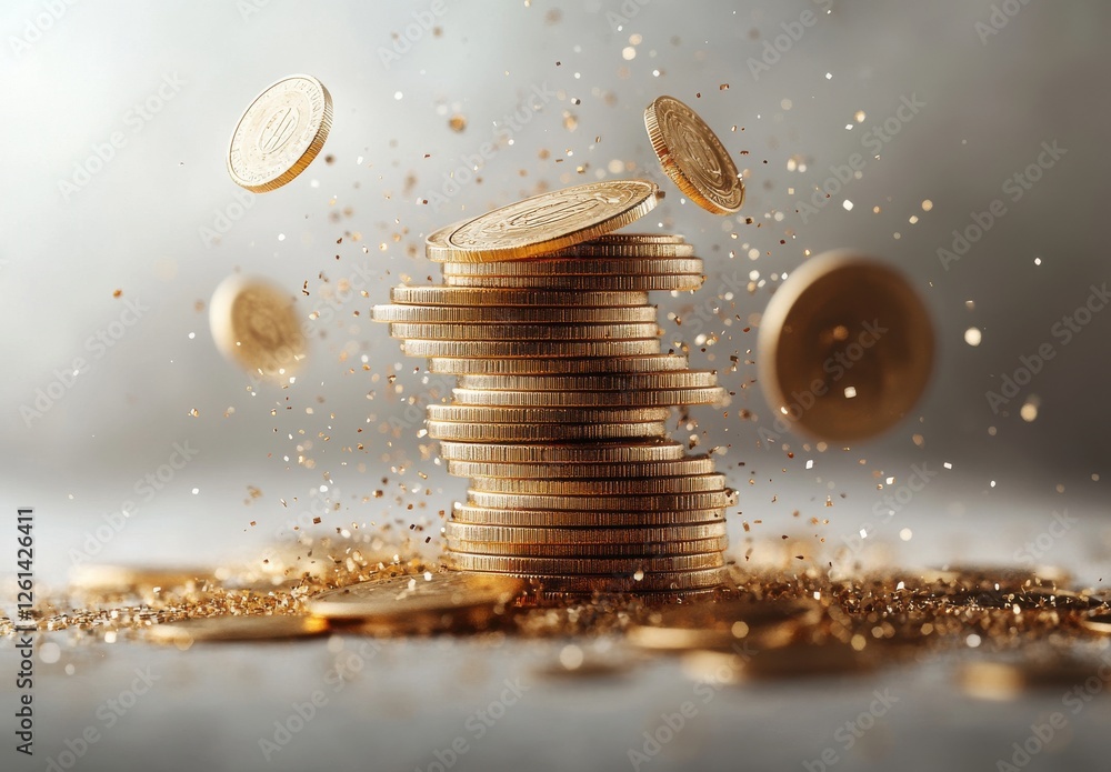 Aufkleber stacked gold coins in motion with glittering particles on a soft focus background capturing wealth, 