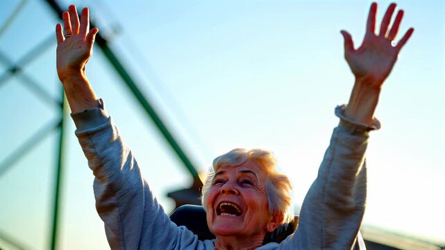 Happy senior woman having fun at the theme park
