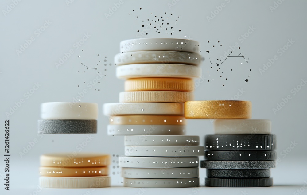 Poster stacked round tokens in various colors with abstract design elements for financial or gaming concept