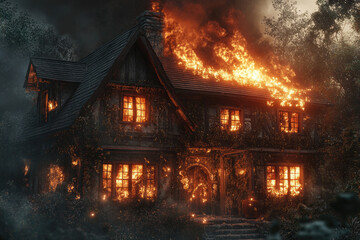 Burning House in the Woods at Night