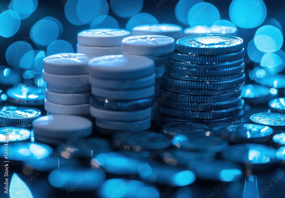 Aufkleber stacks of coins and tokens surrounded by soft blue bokeh lights creating a modern and artistic finan