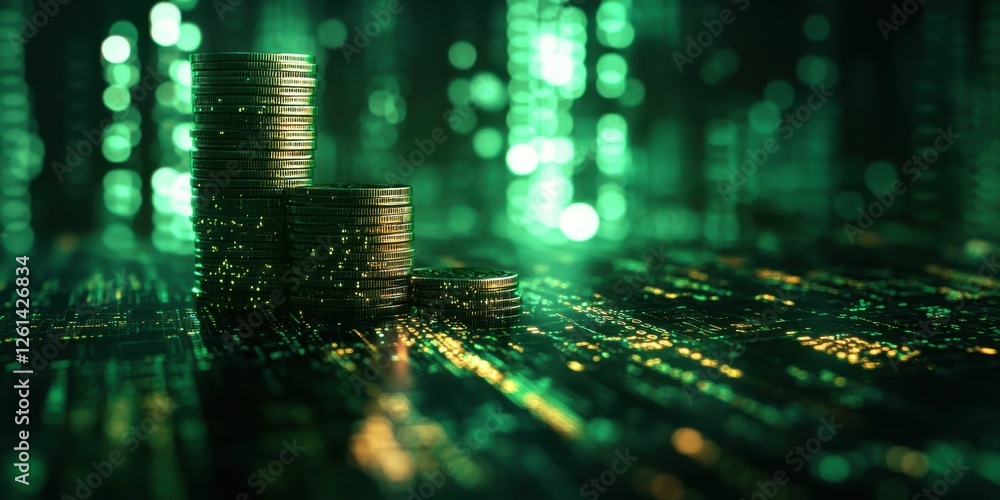 Poster stacks of coins glimmering in a cybernetic environment with green lights and digital patterns reflec