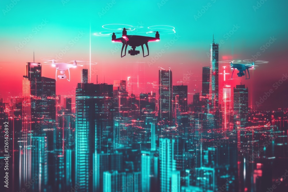 Poster drones navigate the evening sky above a bustling city, showcasing modern architecture illuminated by