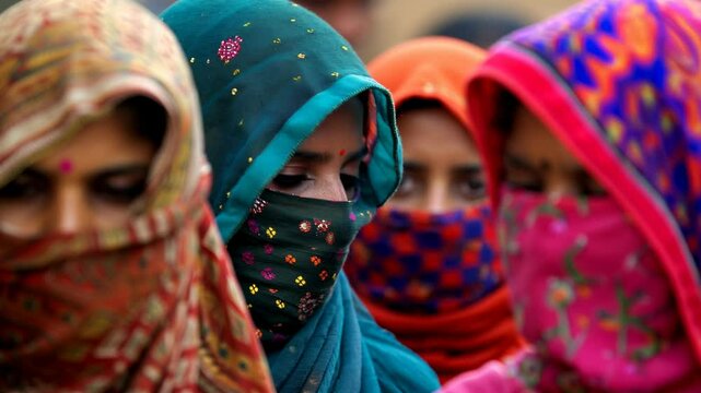 Indian, Bengali or Pakistani muslim women in group with covered face and headscarf looking at the camera	
