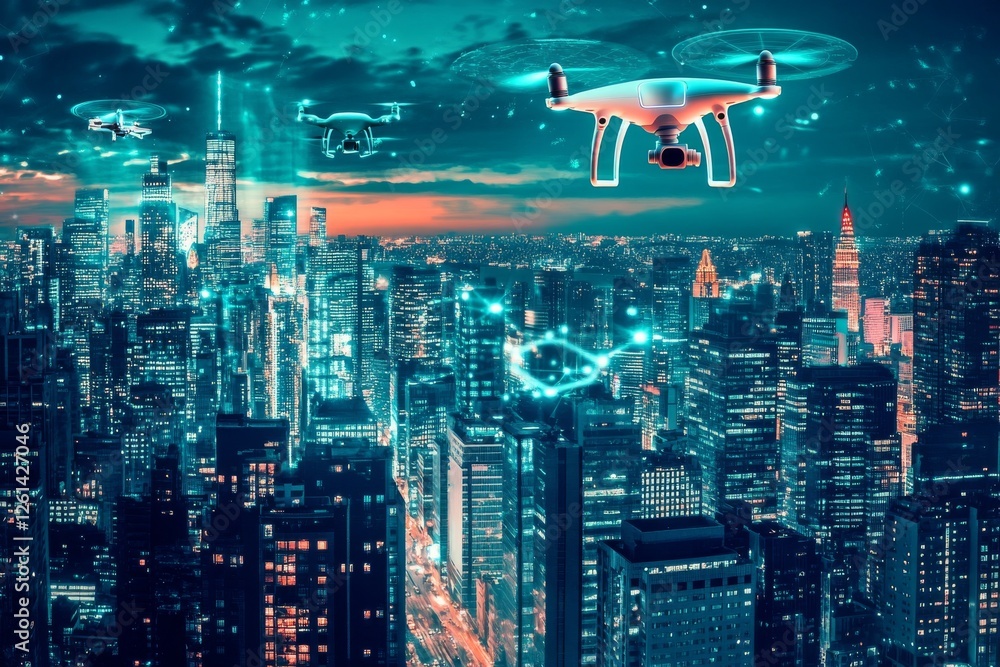 Poster drones hover over a dynamic urban landscape at twilight, showcasing an illuminated city filled with 