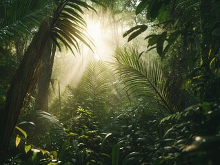 Naklejka premium Sunlight Streaming Through Forest Trees for Serene Nature Photography