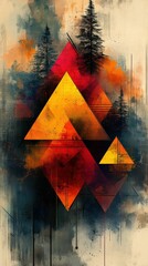 Abstract forest scene geometric shapes vibrant hues