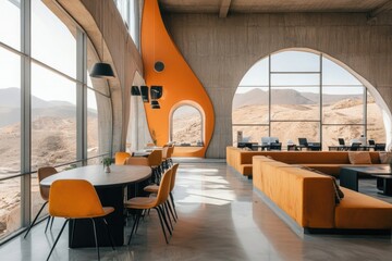A modern cafe with arched windows, curved architecture and orange furniture with desert landscape in the background.