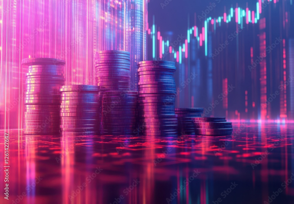 Poster stacks of coins with digital graphs and data visualization representing financial growth, investment
