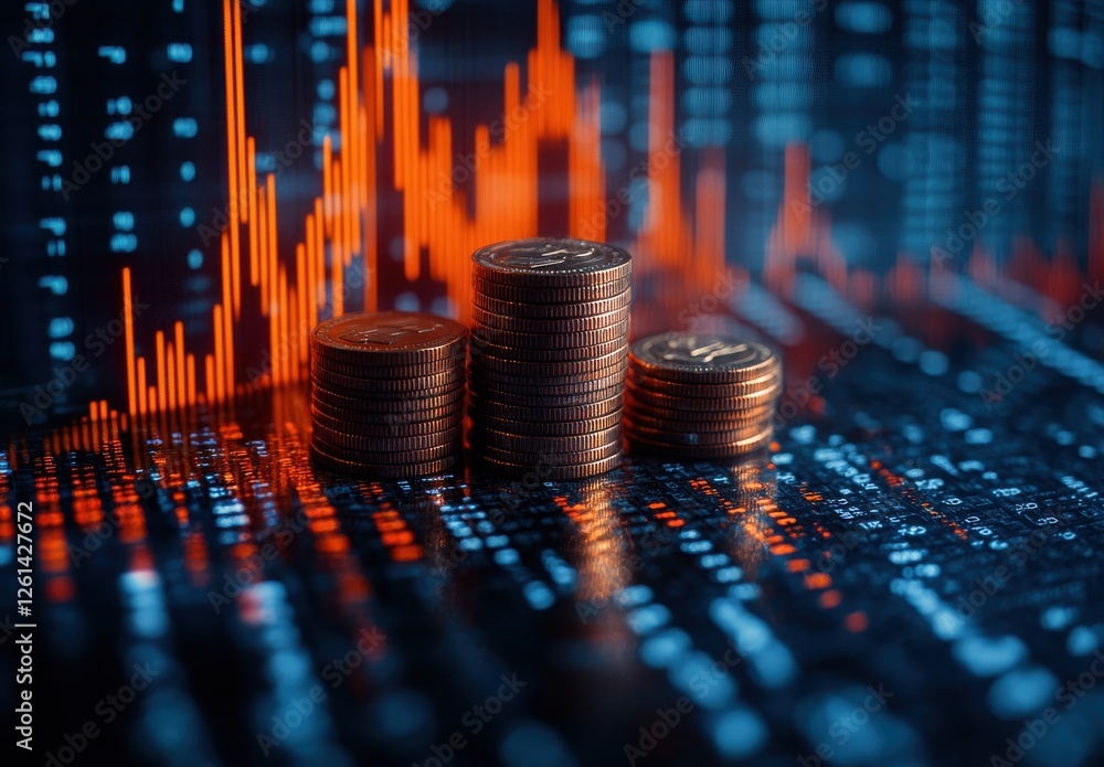 Poster stacks of coins with fluctuating financial graph on dark background representing economic growth and