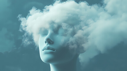 Illustration of cloud getting out of a mannequin open head, surreal abstract concept. Eclipse-Fueled Magic. Illustration