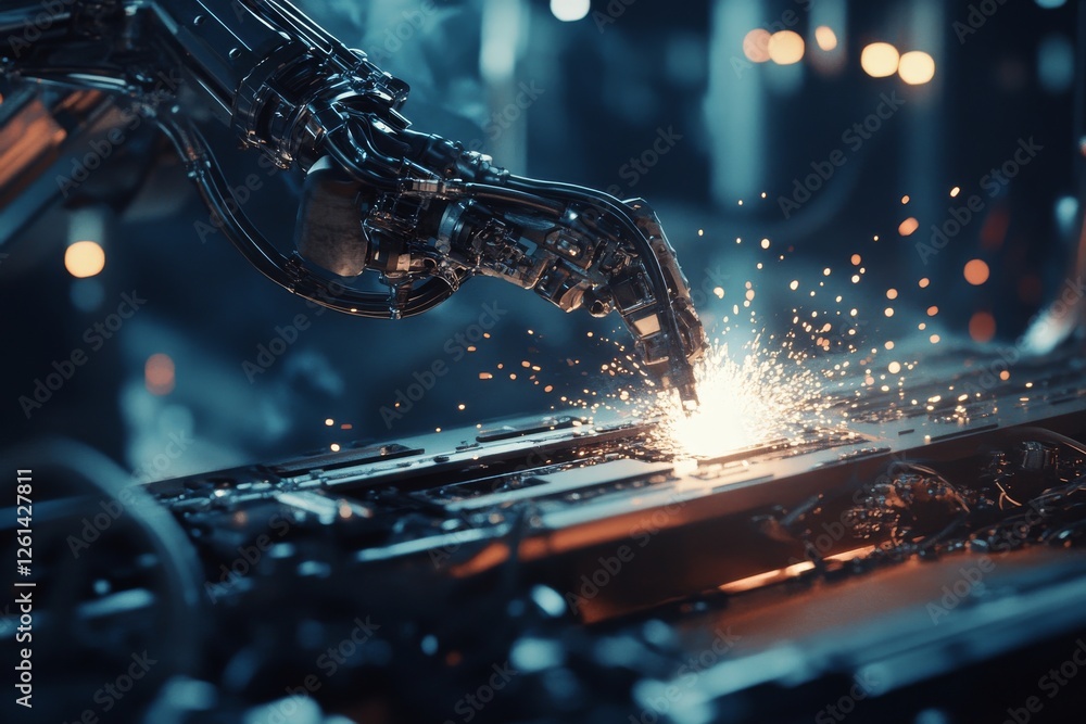 Poster a robotic arm executes intricate welding tasks in a modern factory, illuminating the workspace with 