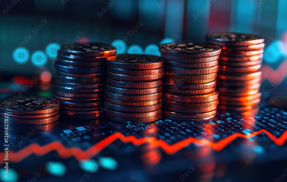Poster stacks of cryptocurrency coins overlaid on digital financial data background with declining chart vi