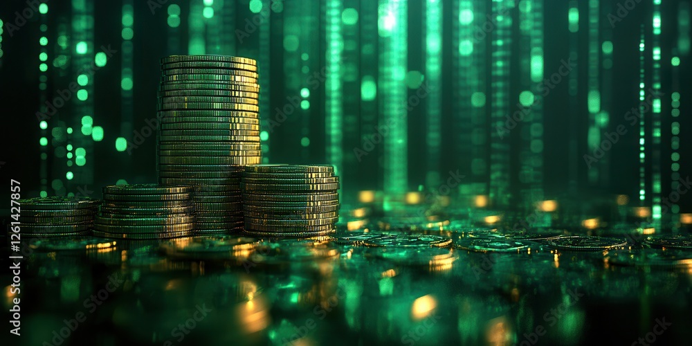 Poster stacks of gold coins on a reflective surface with glowing green binary code in the background repres